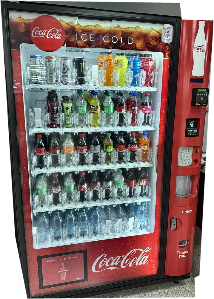 Coca-Cola machine stocked with sodas, Powerade, energy drinks, juices and water, with a card reader.